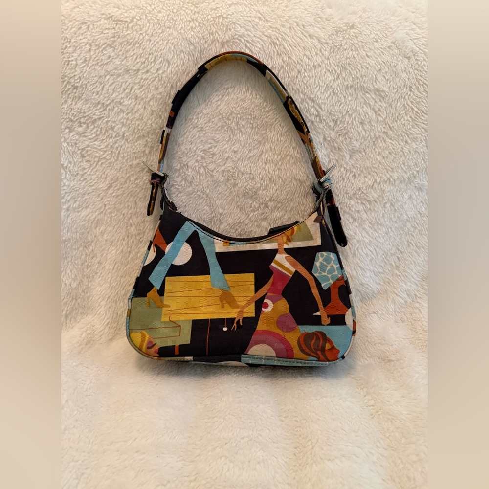 Retro Multicolor Abstract Print Small Shoulder Bag with Buckle Accent